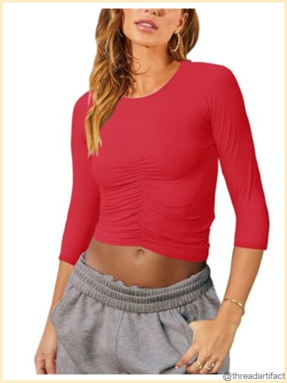 Women's 3/4 Sleeve Ruched Front Crop Top Fitted T-Shirt